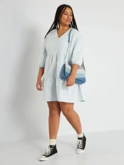 Vestido Corto De Popelina - Azul Pálido