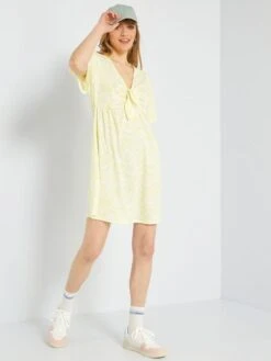 Vestido Corto De Punto Gofrado - AMARILLO