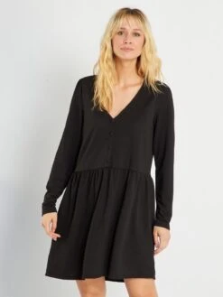 Vestido Corto De Punto Gofrado - Negro