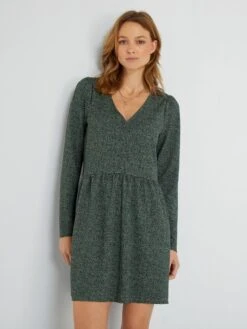 Vestido Corto De Punto Gofrado - VERDE