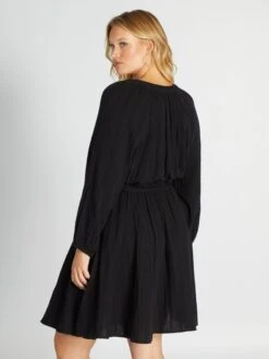 Vestido De Manga Larga De Gasa De Algodón - Negro -TrendyModa Ventas vestido de manga larga de gasa de algodon negro ayd18 1 frb3