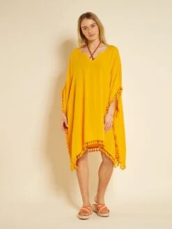 Vestido De Playa Vaporoso Con Pompones - AMARILLO -TrendyModa Ventas vestido de playa vaporoso con pompones amarillo zs036 2 frb4
