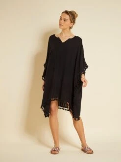 Vestido De Playa Vaporoso Con Pompones - Negro