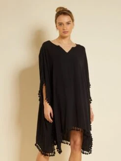 Vestido De Playa Vaporoso Con Pompones - Negro -TrendyModa Ventas vestido de playa vaporoso con pompones negro zs036 3 frb3