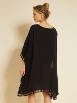 Vestido De Playa Vaporoso Con Pompones - Negro -TrendyModa Ventas vestido de playa vaporoso con pompones negro zs036 3 frb4