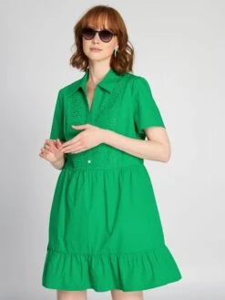 Vestido De Popelina Con Bordados - Verde Flúor