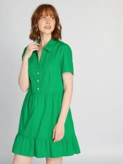 Vestido De Popelina Con Bordados - Verde Flúor -TrendyModa Ventas vestido de popelina con bordados verde fluor arr96 2 frb5