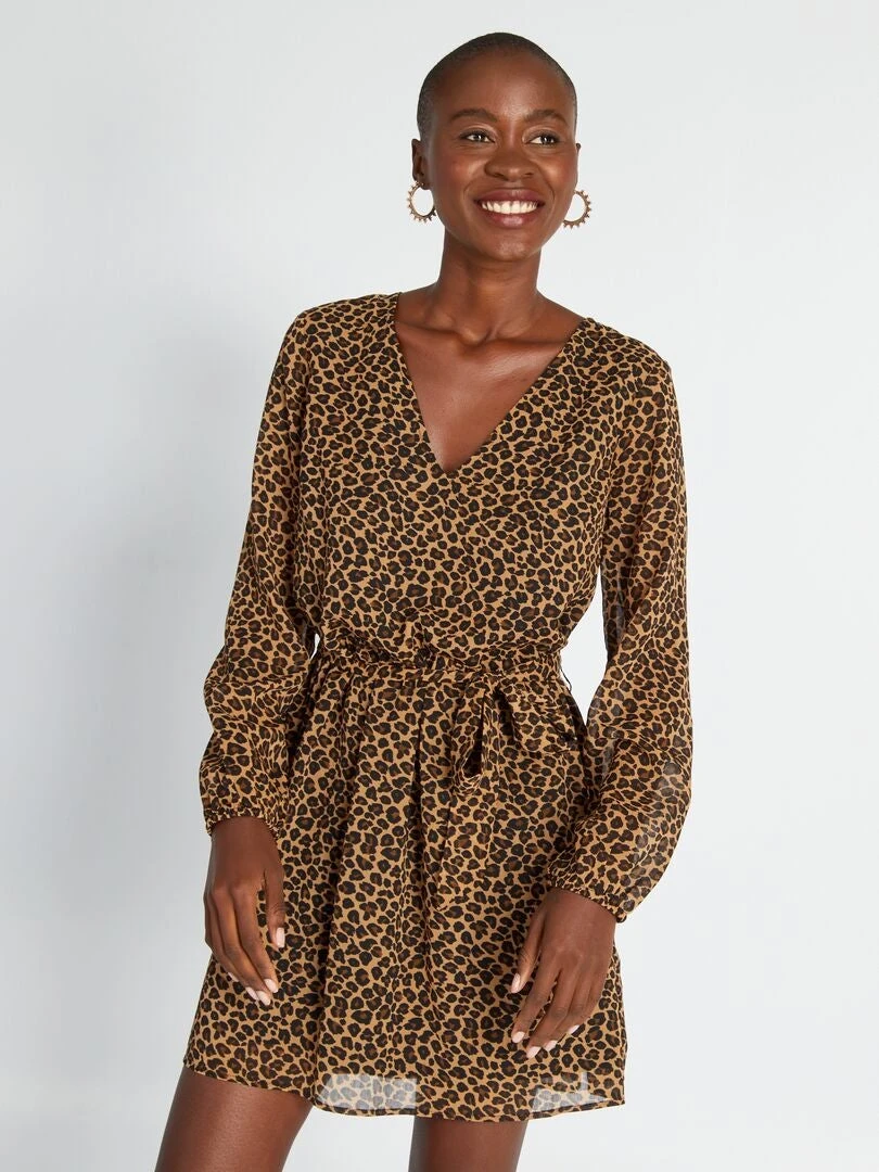 Vestido Estampado Con Cinturón Anudable - Beige 3 Vestido Estampado Con Cinturón Anudable - Beige