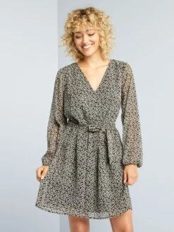 Vestido Estampado Con Cinturón Anudable - Negro