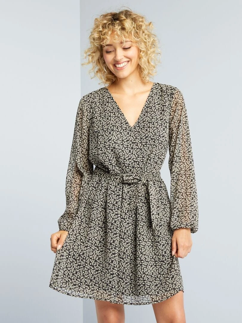 Vestido Estampado Con Cinturón Anudable - Negro 3 Vestido Estampado Con Cinturón Anudable - Negro