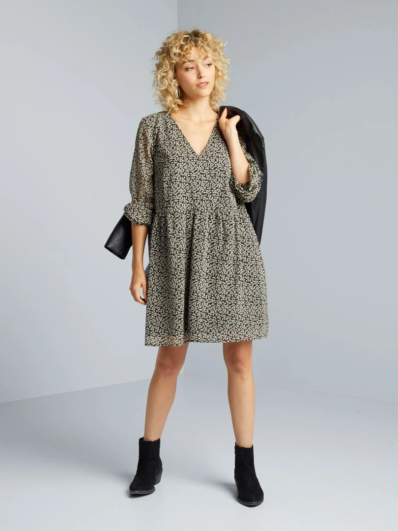 Vestido Estampado Con Cinturón Anudable - Negro 4 Vestido Estampado Con Cinturón Anudable - Negro - Imagen 2