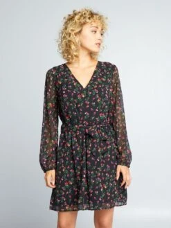 Vestido Estampado Con Cinturón Anudable - Negro Floral