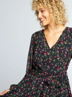 Vestido Estampado Con Cinturón Anudable - Negro Floral -TrendyModa Ventas vestido estampado con cinturon anudable negro floral adz80 1 frb4