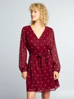 Vestido Estampado Con Cinturón Anudable - Rojo -TrendyModa Ventas vestido estampado con cinturon anudable rojo adz80 5 frb2