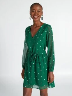 Vestido Estampado Con Cinturón Anudable - Verde