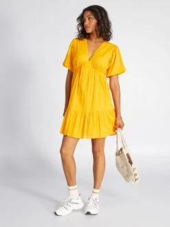 Vestido Evasé Con Volantes De Gasa De Algodón - AMARILLO