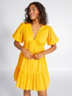 Vestido Evasé Con Volantes De Gasa De Algodón - AMARILLO -TrendyModa Ventas vestido evase con volantes de gasa de algodon amarillo adz74 1 frb3