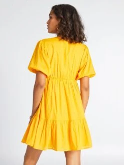 Vestido Evasé Con Volantes De Gasa De Algodón - AMARILLO -TrendyModa Ventas vestido evase con volantes de gasa de algodon amarillo adz74 1 frb4