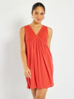 Vestido Evasé De Crepé Y Ganchillo - Rojo Frambuesa -TrendyModa Ventas vestido evase de crepe y ganchillo rojo frambuesa act12 2 frb2