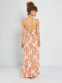 Vestido Largo Con Acabado A Capas - Estampado Castaño -TrendyModa Ventas vestido largo con acabado a capas estampado castano aeb65 2 frb3