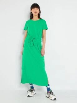 Vestido Largo Con Cinturón Anudable - Verde -TrendyModa Ventas vestido largo con cinturon anudable verde zq771 2 frb3