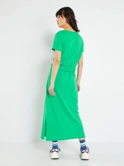 Vestido Largo Con Cinturón Anudable - Verde -TrendyModa Ventas vestido largo con cinturon anudable verde zq771 2 frb4