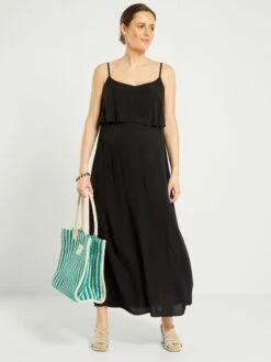 Vestido Largo De Lactancia Con Tirantes Finos - Negro