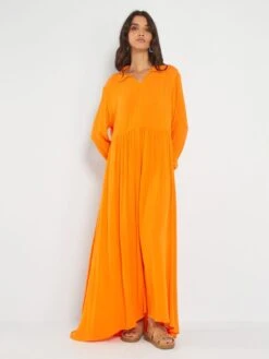 Vestido Largo De Manga Larga - Naranja -TrendyModa Ventas vestido largo de manga larga naranja ajo63 1 frb3