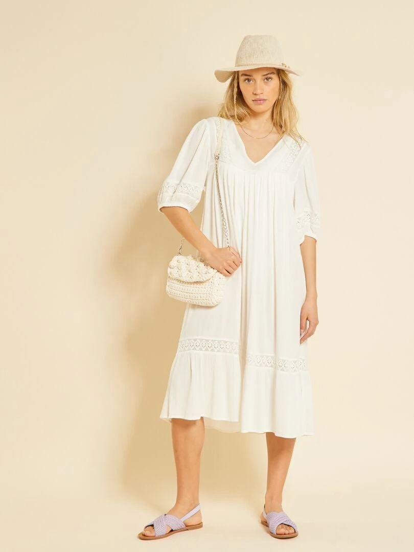 Vestido Largo De Playa De Punto De Crepé Y Bordado - Blanco 3 Vestido Largo De Playa De Punto De Crepé Y Bordado - Blanco - Imagen 2