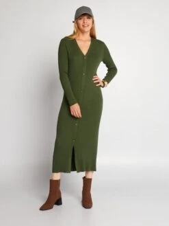 Vestido Largo De Punto De Canalé - VERDE