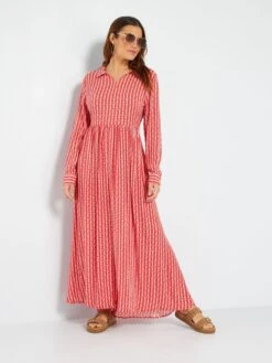 Vestido Largo Estampado De Manga Larga - ROJO