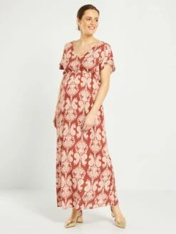 Vestido Largo Premamá Con Cuello De Pico - MARRON -TrendyModa Ventas vestido largo premama con cuello de pico marron amy69 1 frb2