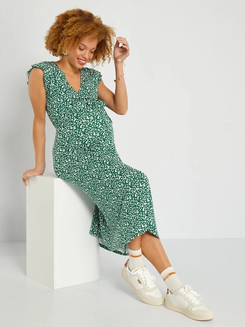 Vestido Largo Premamá Cuello Cruzado - VERDE 4 Vestido Largo Premamá Cuello Cruzado - VERDE - Imagen 2