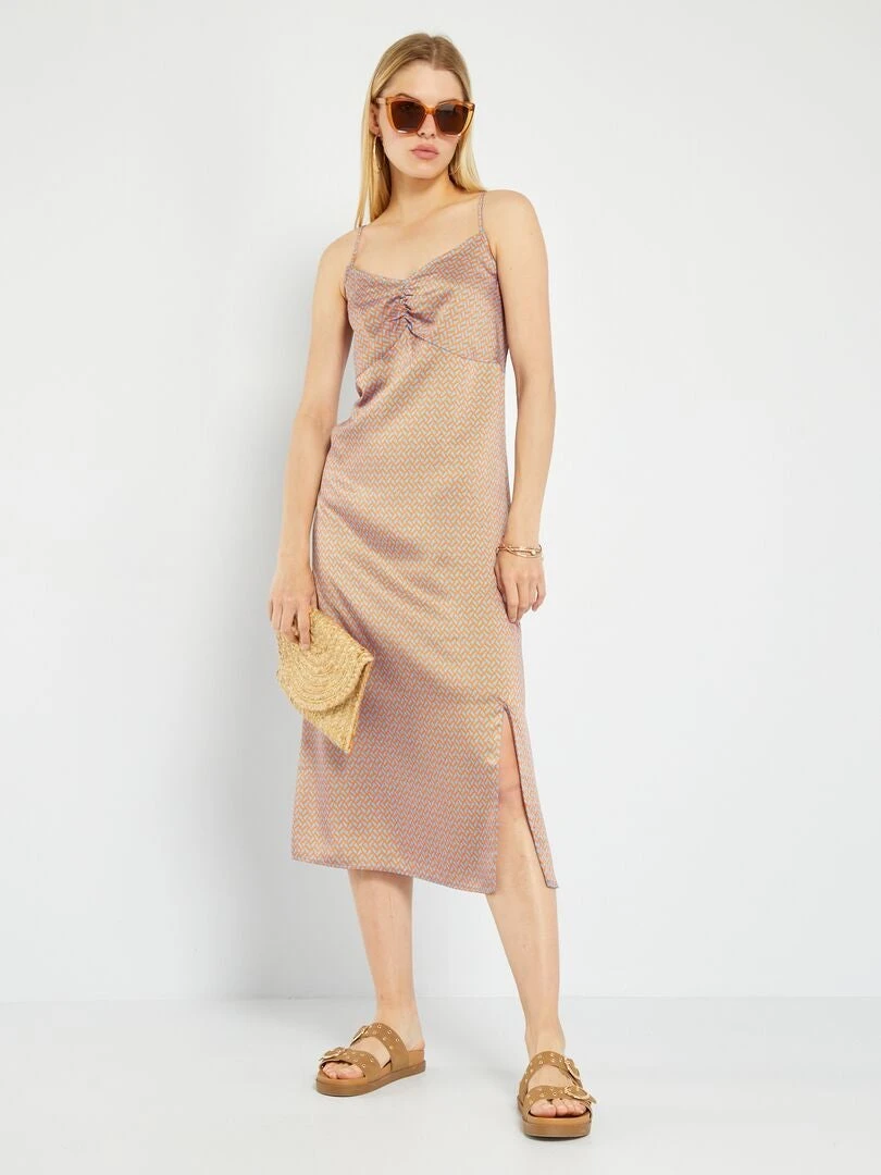 Vestido Largo Satinado Con Estampado - AZUL 3 Vestido Largo Satinado Con Estampado - AZUL