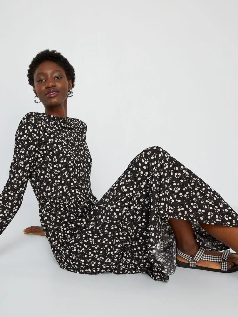 Vestido Largo Vaporoso Con Motivo - NEGRO 4 Vestido Largo Vaporoso Con Motivo - NEGRO - Imagen 2