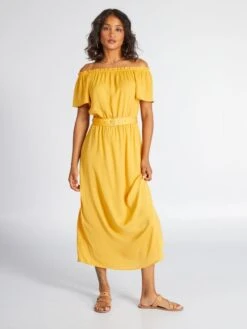 Vestido Midi Con Cuello Bardot - AMARILLO -TrendyModa Ventas vestido midi con cuello bardot amarillo adz70 2 frb3