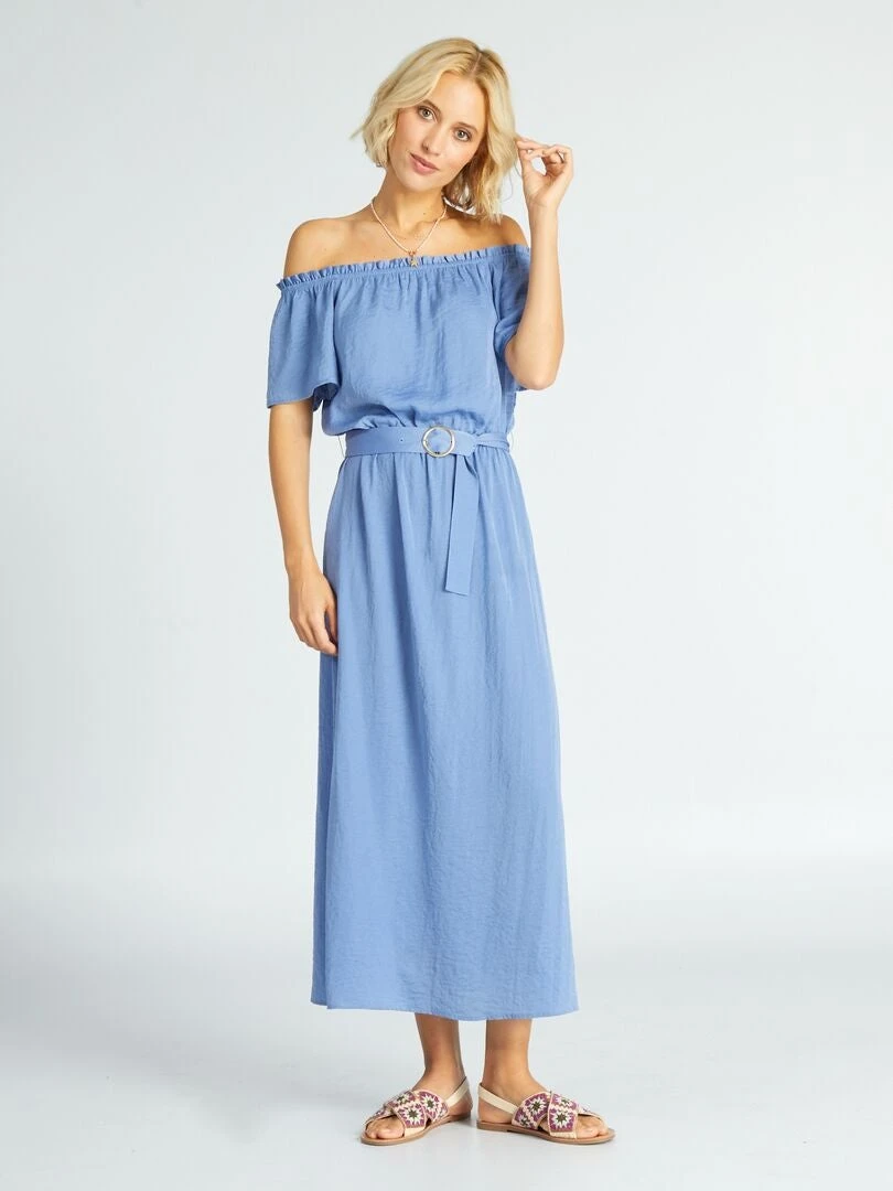 Vestido Midi Con Cuello Bardot - Azul Gris 3 Vestido Midi Con Cuello Bardot - Azul Gris