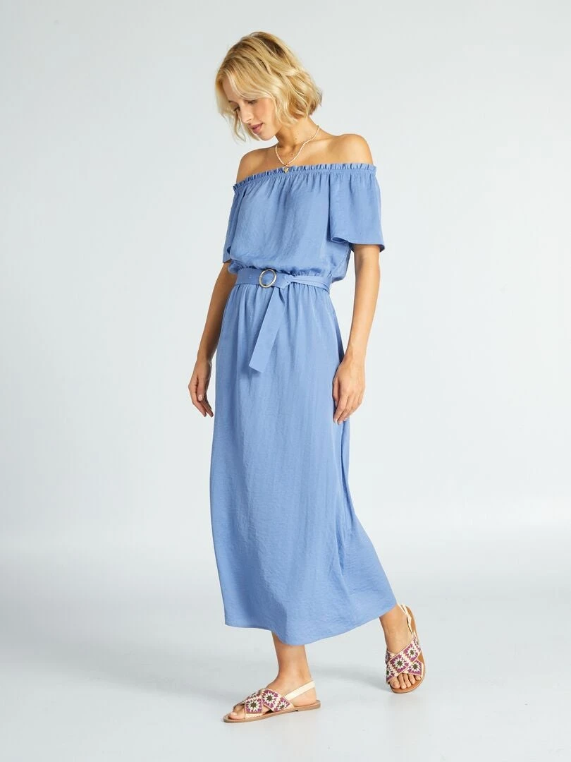 Vestido Midi Con Cuello Bardot - Azul Gris 6 Vestido Midi Con Cuello Bardot - Azul Gris - Imagen 4