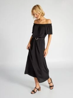 Vestido Midi Con Cuello Bardot - Negro