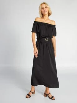 Vestido Midi Con Cuello Bardot - Negro -TrendyModa Ventas vestido midi con cuello bardot negro adz70 3 frb4