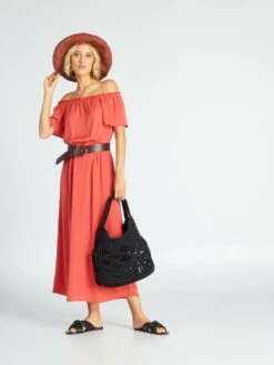 Vestido Midi Con Cuello Bardot - Rojo Frambuesa