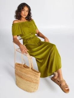 Vestido Midi Con Cuello Bardot - VERDE