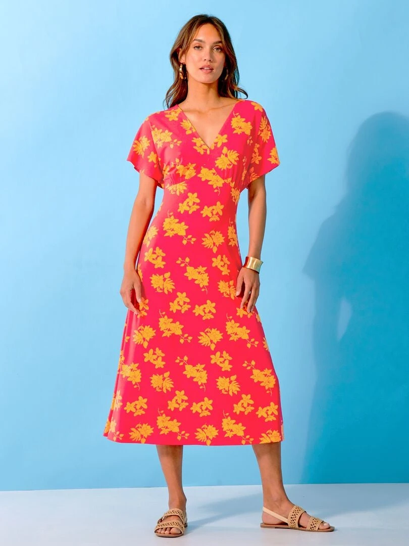 Vestido Midi Cuello De Pico Motivos - ROSA 3 Vestido Midi Cuello De Pico Motivos - ROSA