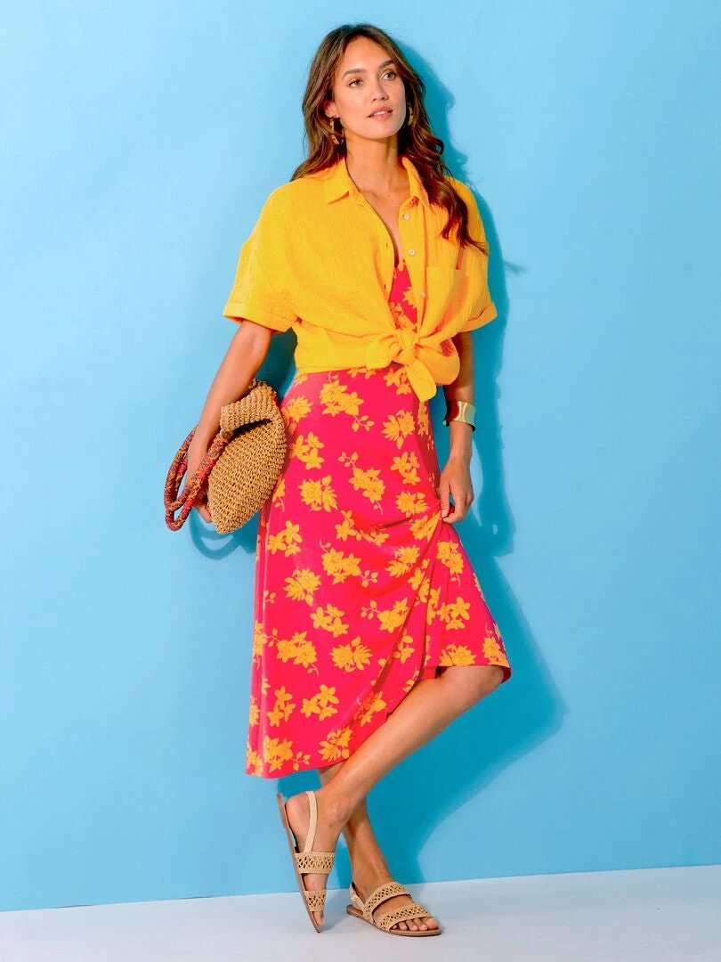 Vestido Midi Cuello De Pico Motivos - ROSA 4 Vestido Midi Cuello De Pico Motivos - ROSA - Imagen 2