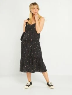 Vestido Midi De Gasa De Algodón 'JDY' - Negro Estampado