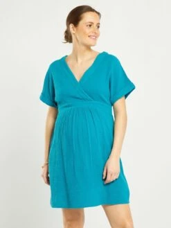 Vestido Premamá De Gasa De Algodón - AZUL -TrendyModa Ventas vestido premama de gasa de algodon azul ael70 1 frb2