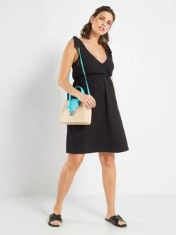 Vestido Premamá De Gasa De Algodón - Negro -TrendyModa Ventas vestido premama de gasa de algodon negro zr595 1 frb2