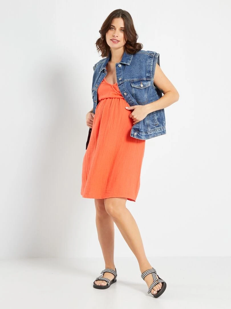 Vestido Premamá De Gasa De Algodón - Rojo Coral 4 Vestido Premamá De Gasa De Algodón - Rojo Coral - Imagen 2