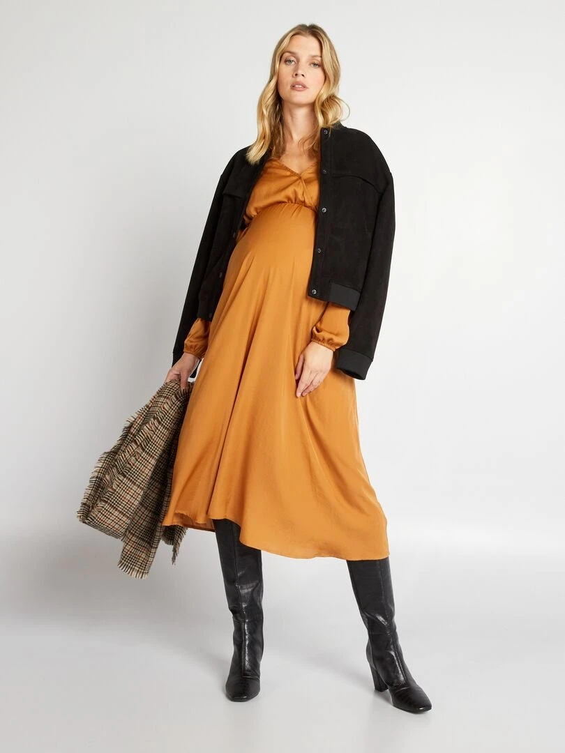 Vestido Premamá Largo Y Satinado - MARRON 3 Vestido Premamá Largo Y Satinado - MARRON