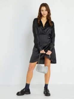 Vestido Satinado Efecto Drapeado - Negro